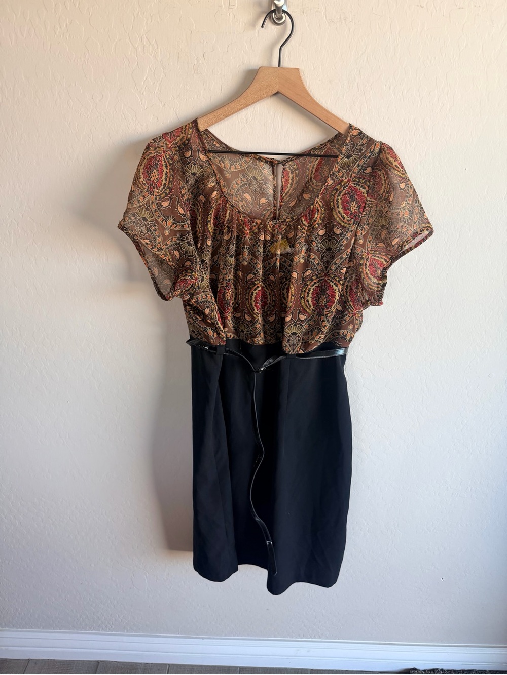 Paisley Sheer Print Black Belted Dress 18W Y2K 90s Mob Wife Office Old Money